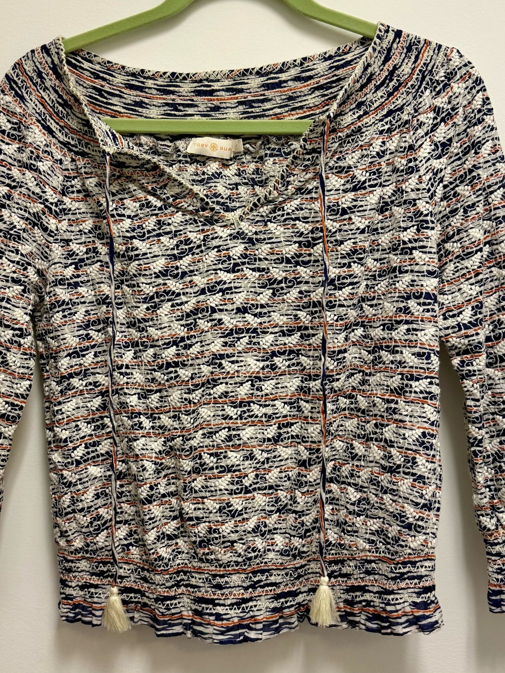 Tory Burch Navy, White & Orange Textured Stripe Top